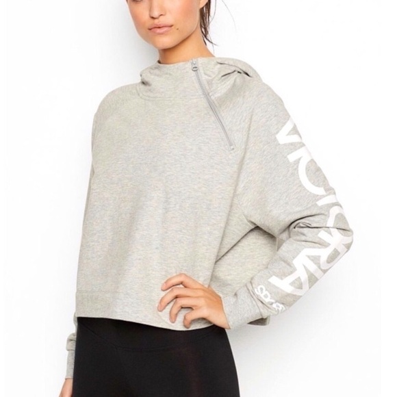 Victoria's Secret Tops - Victoria's Secret SPORT Hoodie Sweatshirt Spell out Logo on Sleeve Gray SZ XL